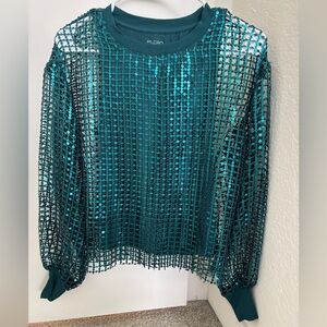 Pilcro Teal Sequin Mesh Sweatshirt